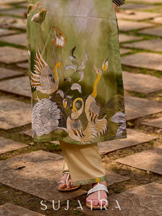 Minimal beige pants elevated with tasteful green border detailing.