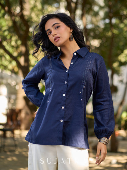 Chic Navy Woven Cotton Pintuck Shirt Featuring Soft Gathered Sleeves