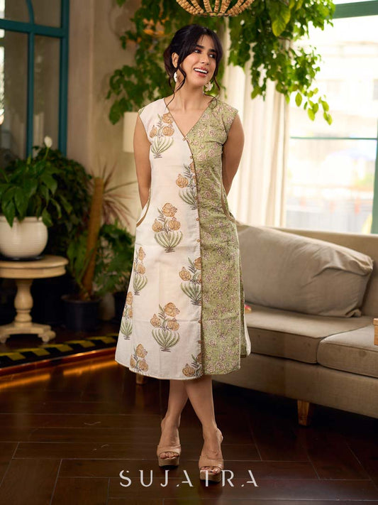 Jaipur-printed sleeveless dress featuring a half-and-half butta and jaal combination, designed with an overlapping silhouette, soft drop shoulders, and wooden accents for an artisanal, contemporary look.