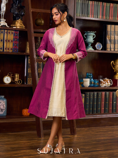 Artisanal Handloom Cotton Magenta Jacket Highlighted With Geometric Embroidery And Pearl Accents - Off white dress Optional