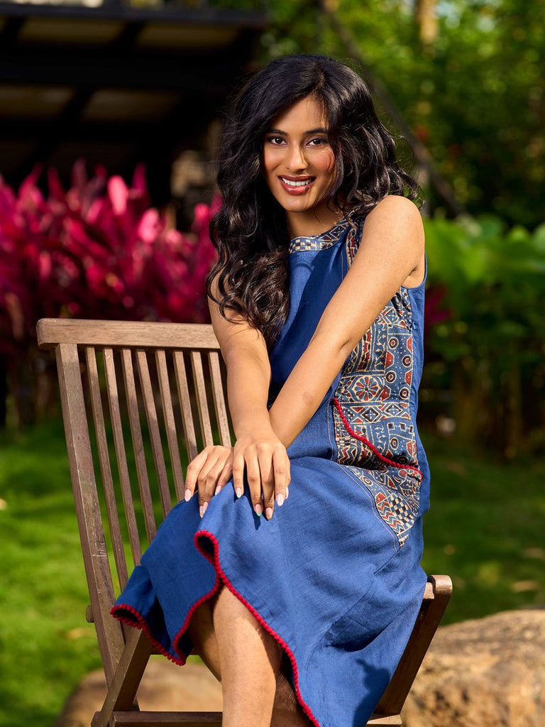 Classic Indigo Blue Cotton Dress Featuring Ajrakh Printed Panels and Contrast Red Highlights