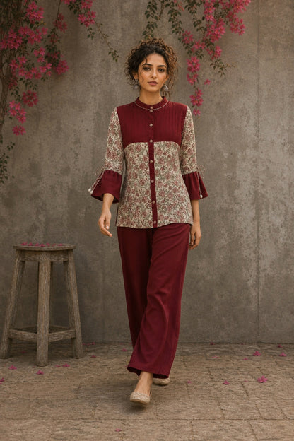 Graceful Jaipur printed floral shirt with maroon pintuck detailing, drawstring sleeves, and effortless feminine charm.