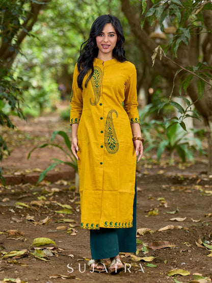 Warm Mustard Cotton Kurta with Timeless Paisley Print and Green Detailing