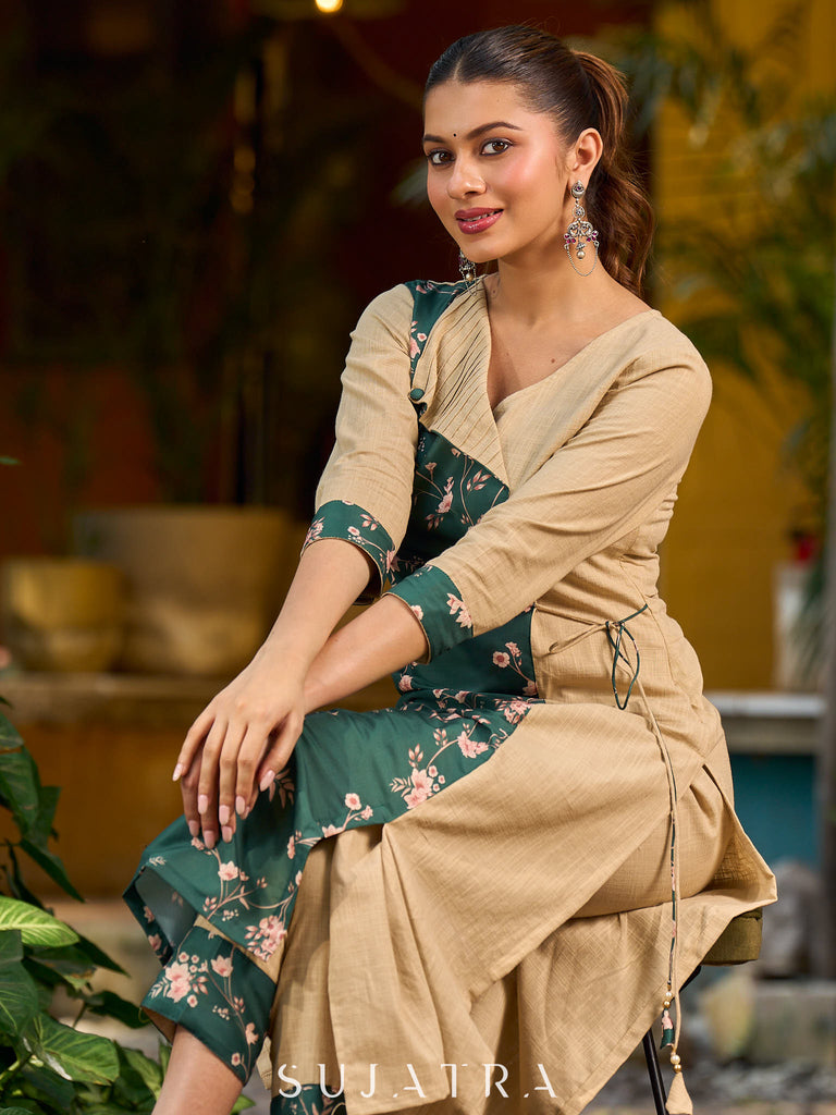 Green and beige digital-printed Angarkha Style kurta.