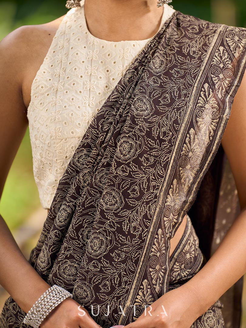 Contemporary Brown Cotton Saree with All-Over Floral Print