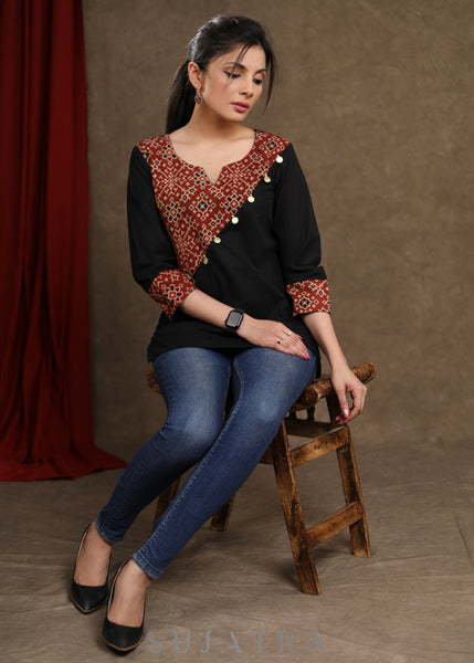 Black Cotton Ajrakh Combination Top with Coin Detailing
