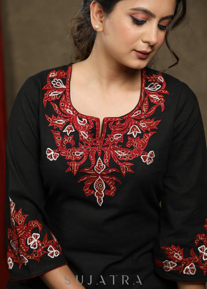 Trendy black cotton tunic with beautiful ajrakh applique on yoke and sleeves
