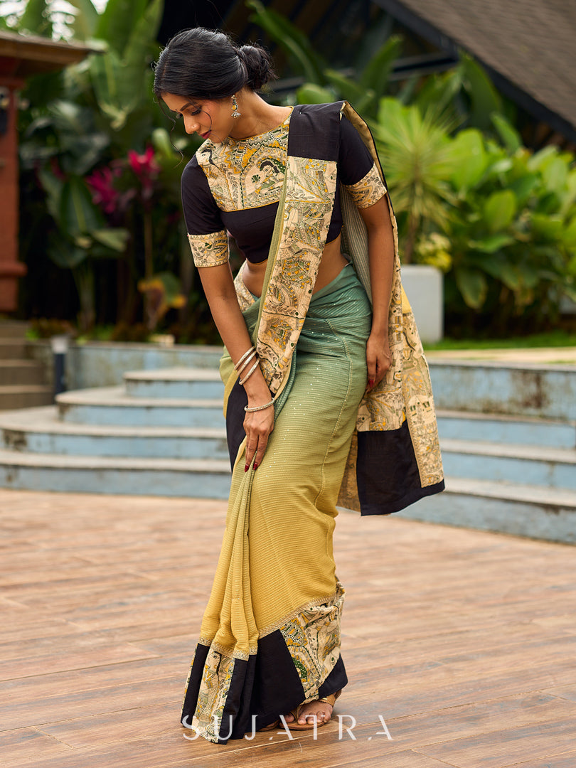 Vibrant Sage-Yellow Ombre Saree with Madhubani Print Border & Black Trim