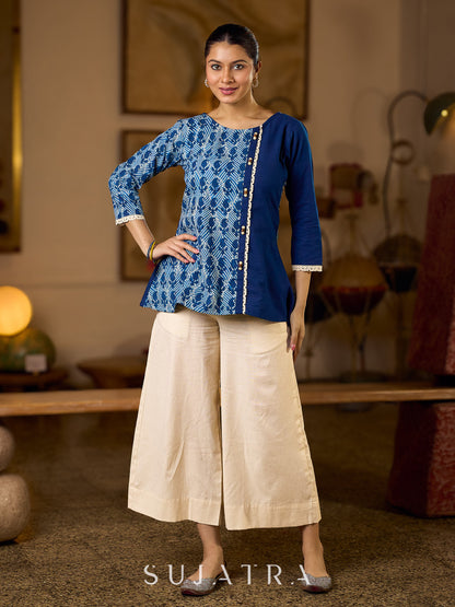 Indigo Paisley Printed Top Finished With Navy Blue Accents And A Refined Pearl Button Detail