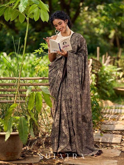 Contemporary Brown Cotton Saree with All-Over Floral Print
