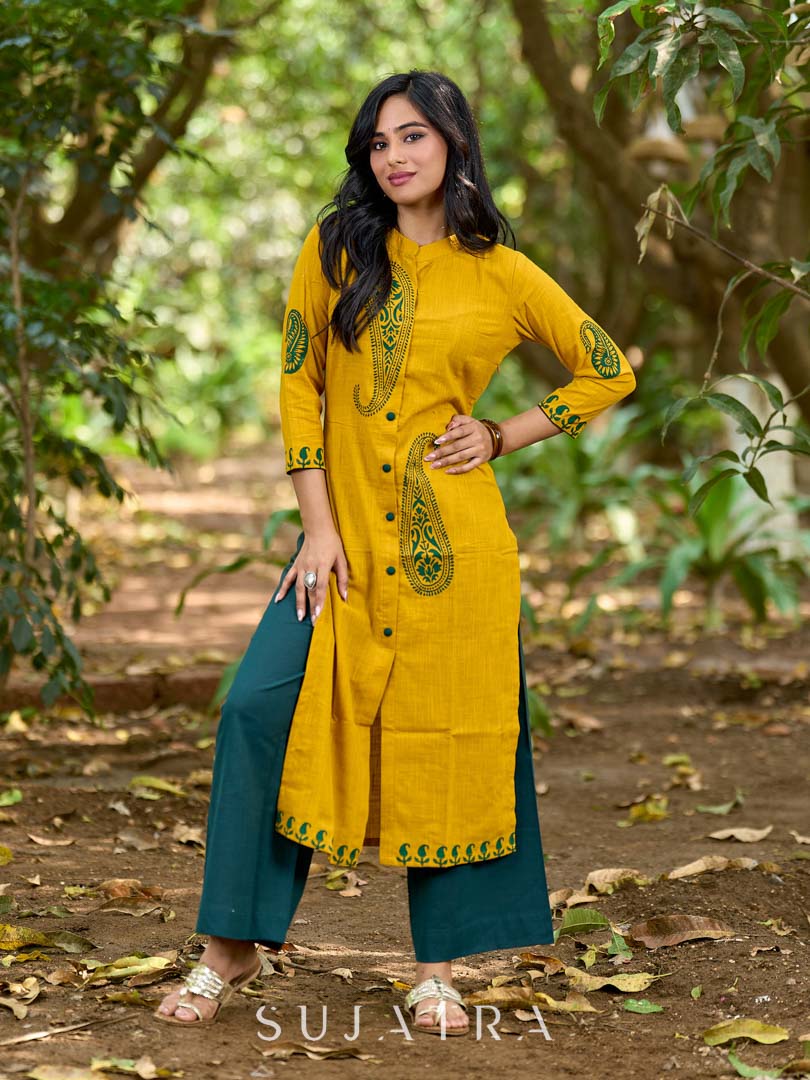 Warm Mustard Cotton Kurta with Timeless Paisley Print and Green Detailing