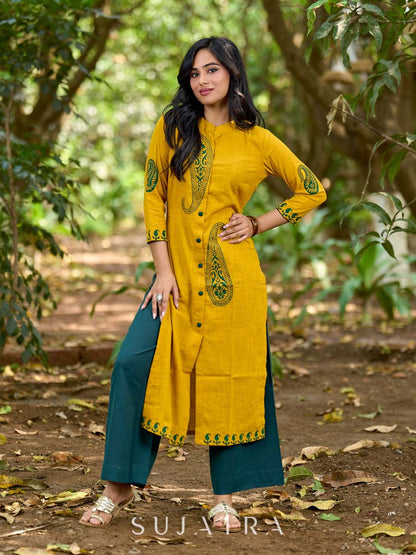 Warm Mustard Cotton Kurta with Timeless Paisley Print and Green Detailing