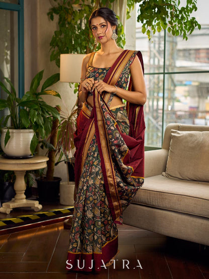 Timeless Dark Green Kalamkari Printed Chanderi Saree with Maroon Khun Pallu