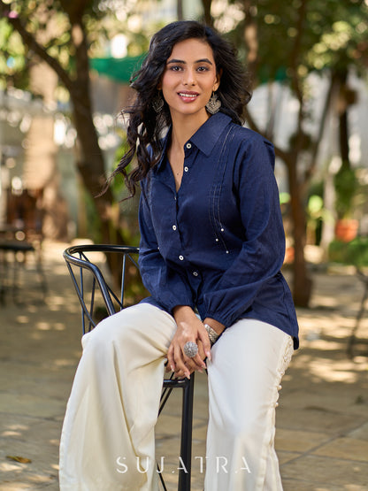 Chic Navy Woven Cotton Pintuck Shirt Featuring Soft Gathered Sleeves