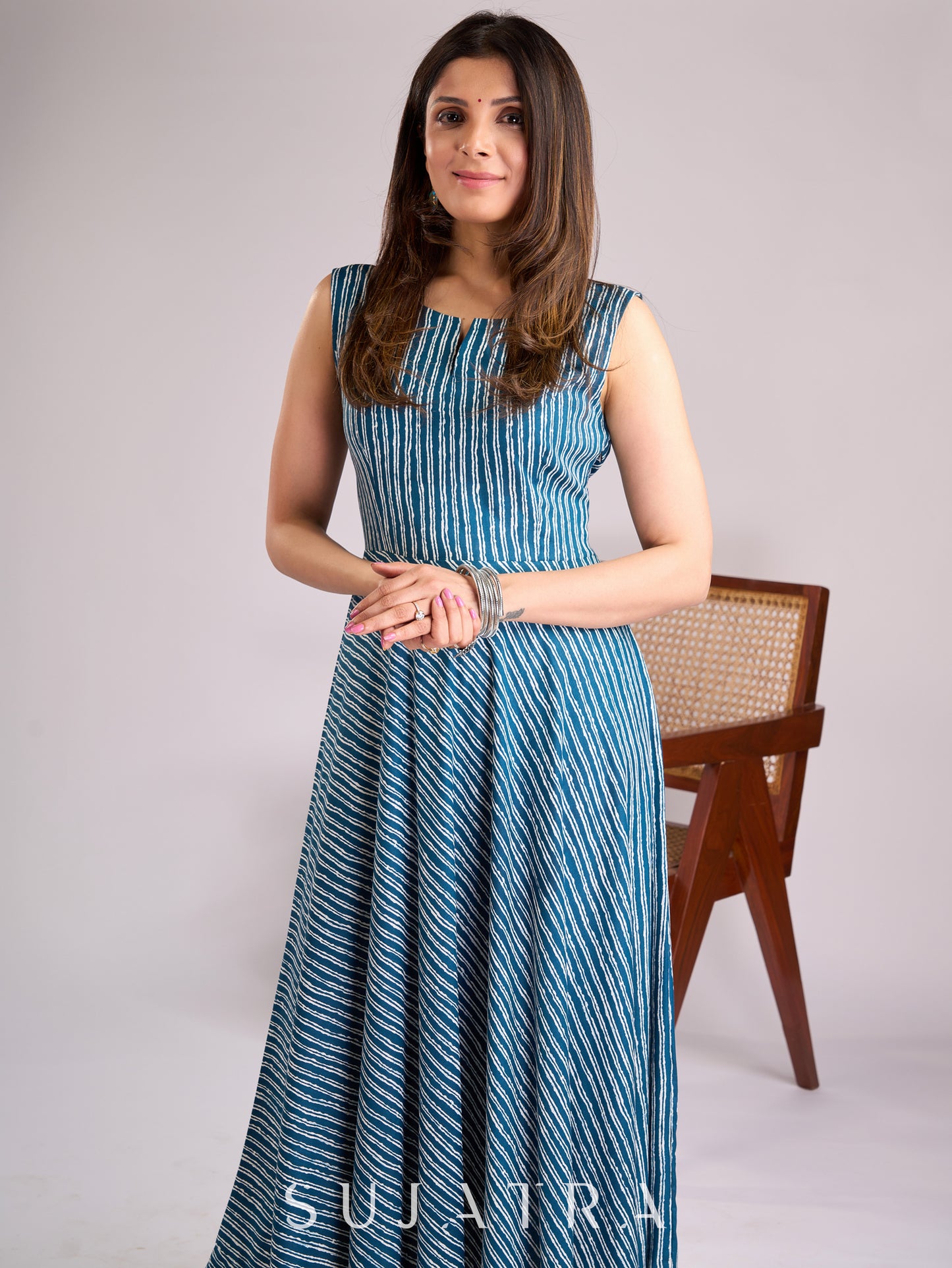 Graceful Blue Striped Viscose Flared Sleeveless Kurta