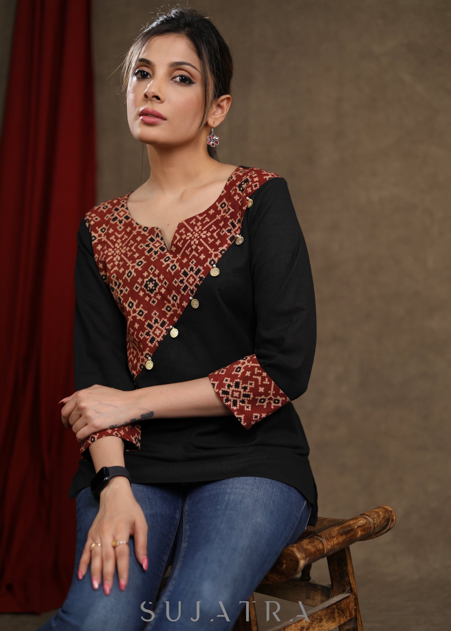 Black Cotton Ajrakh Combination Top with Coin Detailing