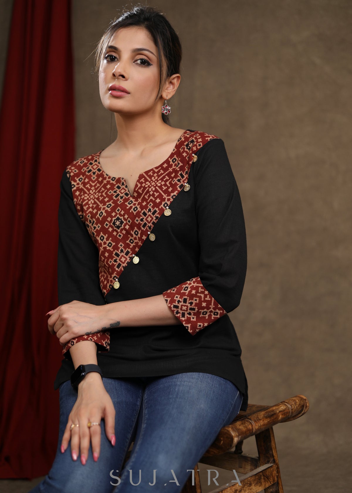 Dussehra Sale — Black Cotton Ajrakh Combination Top with Coin Detailing