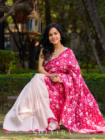Ivory & Pink Tussar Silk Saree with Vibrant Floral Pallu