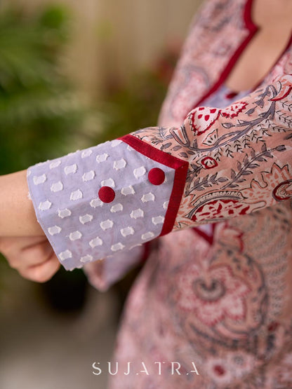 Pastel Peach Floral Hand Block Print Cotton Kurta with Grey Jacquard Cuffs & Yoke with Contrast Maroon Detailing
