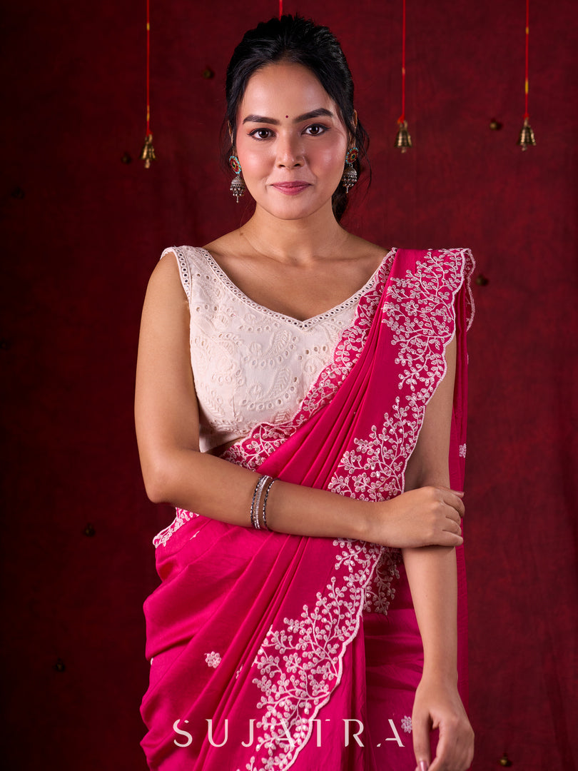 Vibrant Fuchsia Chanderi Saree with Intricate Embroidery & Scalloped Border
