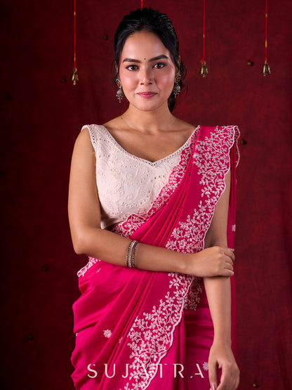 Vibrant Fuchsia Chanderi Saree with Intricate Embroidery & Scalloped Border