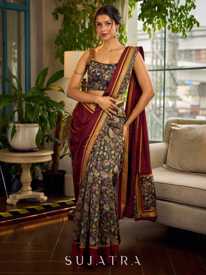 Timeless Dark Green Kalamkari Printed Chanderi Saree with Maroon Khun Pallu