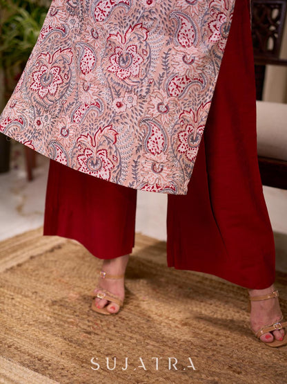 Pastel Peach Floral Hand Block Print Cotton Kurta with Grey Jacquard Cuffs & Yoke with Contrast Maroon Detailing