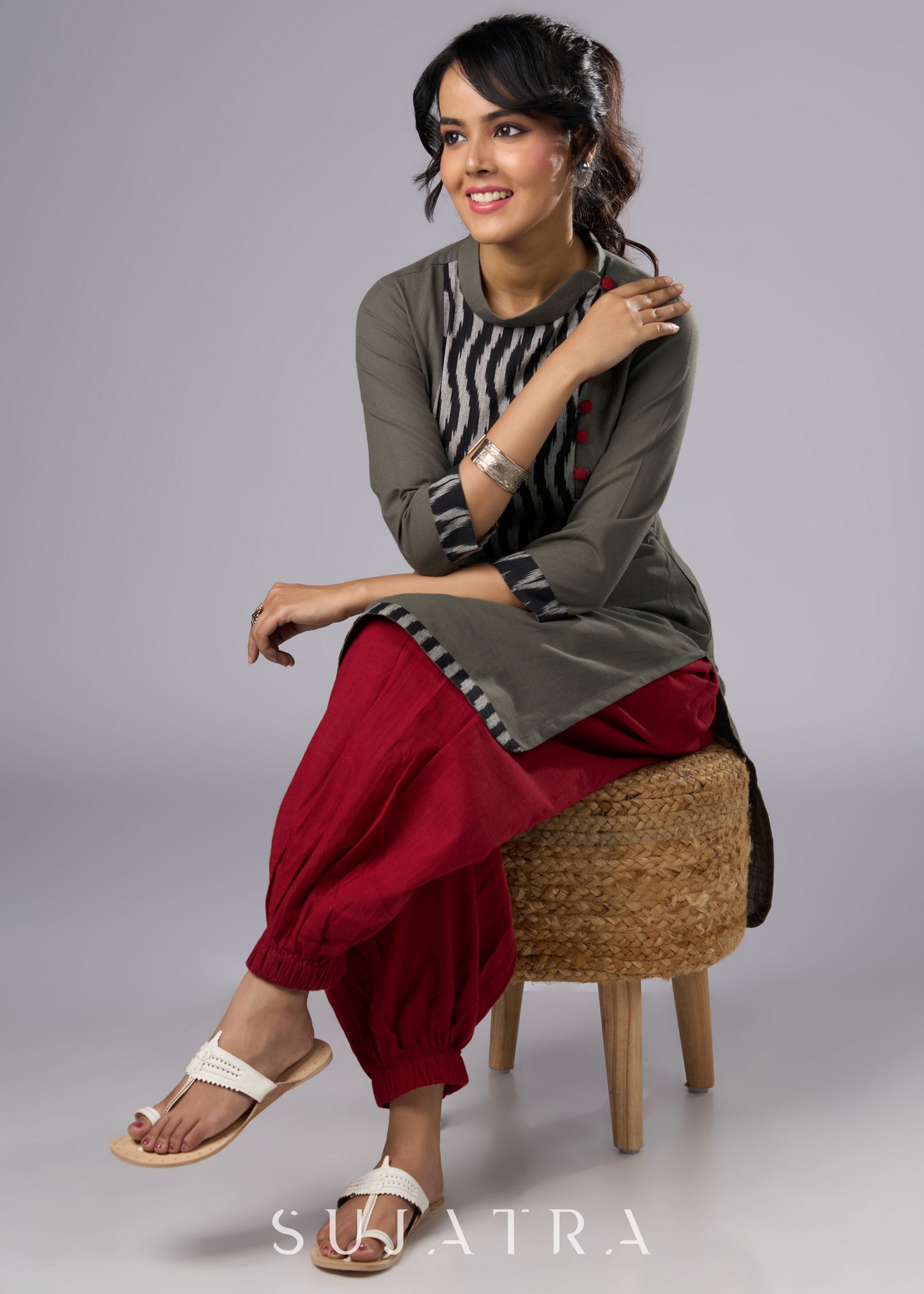 Elegant Grey Cotton Ikat Tunic