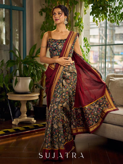 Timeless Dark Green Kalamkari Printed Chanderi Saree with Maroon Khun Pallu