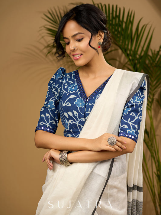 Trendy cotton indigo combination blouse