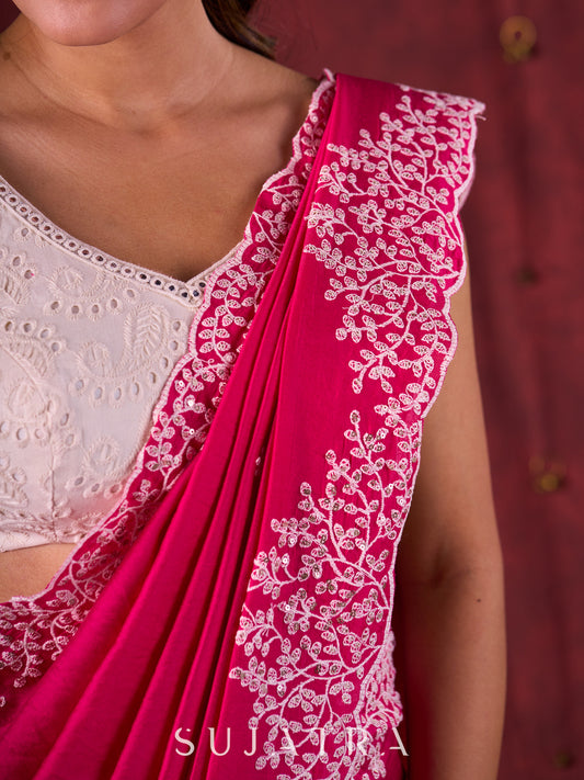 Vibrant Fuchsia Chanderi Saree with Intricate Embroidery & Scalloped Border