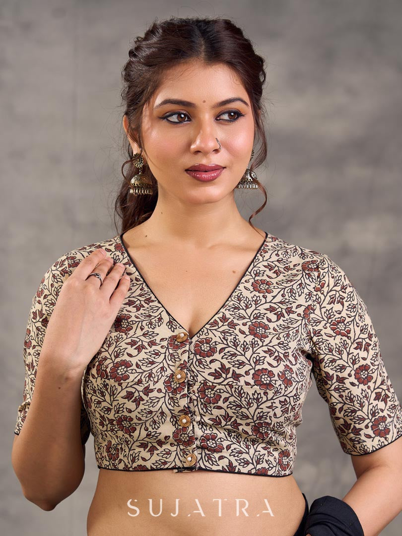 Cream Brown Floral Printed Sleeve Blouse with V Neck and Contrast Piping Border