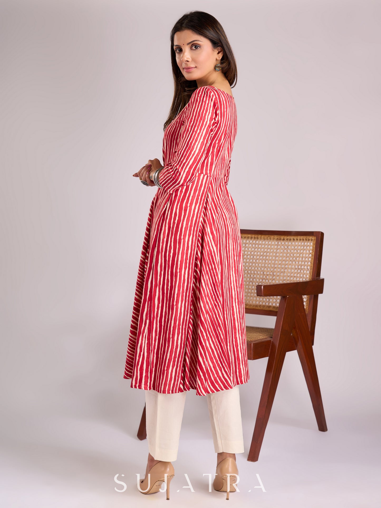 Elegant and flowy Red & White Striped Viscose Flared Kurta