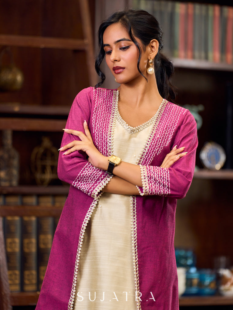Artisanal Handloom Cotton Magenta Jacket Highlighted With Geometric Embroidery And Pearl Accents