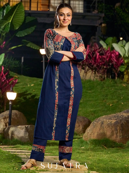 Handcrafted Navy Blue Cotton Kantha Embroidered Kurta