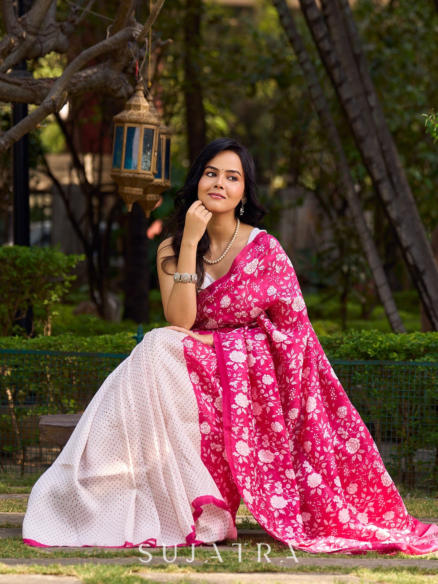 Ivory & Pink Tussar Silk Saree with Vibrant Floral Pallu