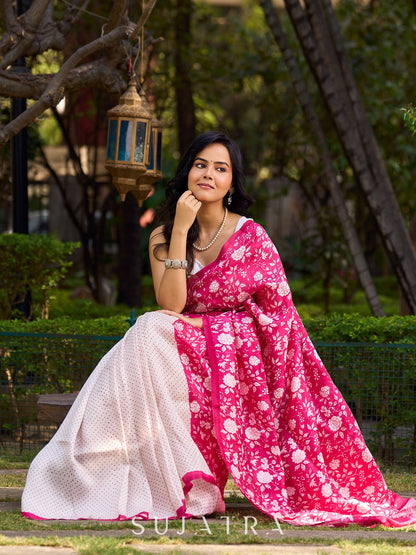 Ivory & Pink Tussar Silk Saree with Vibrant Floral Pallu