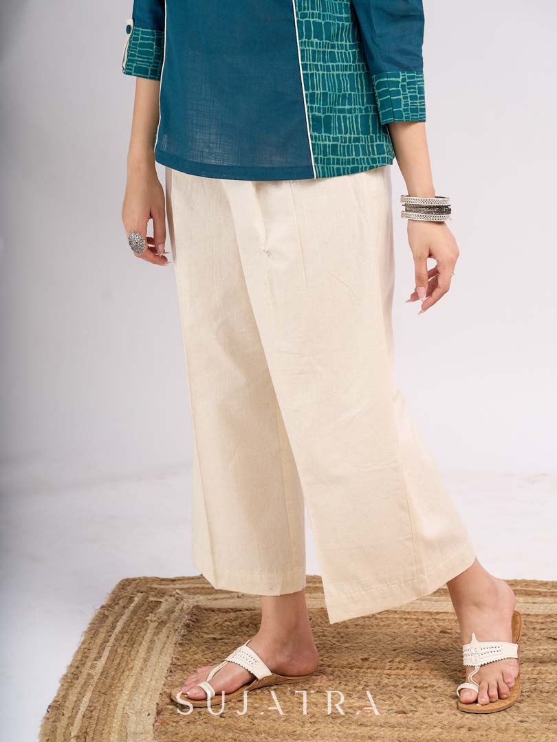 Off White Cotton Flex Contemporary Pleat Pants
