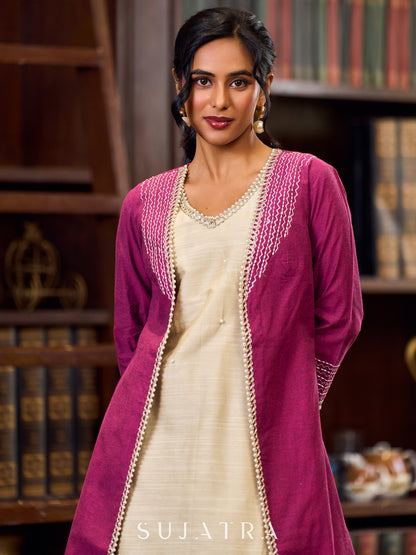 Artisanal Handloom Cotton Magenta Jacket Highlighted With Geometric Embroidery And Pearl Accents - Off white dress Optional