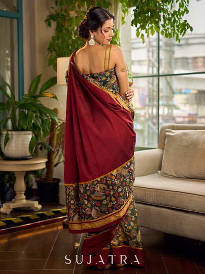 Timeless Dark Green Kalamkari Printed Chanderi Saree with Maroon Khun Pallu
