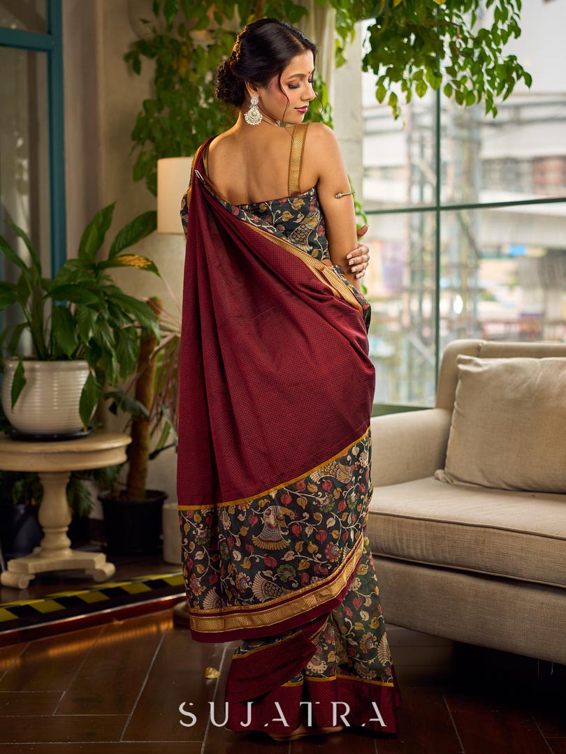 Timeless Dark Green Kalamkari Printed Chanderi Saree with Maroon Khun Pallu