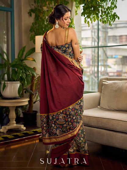 Timeless Dark Green Kalamkari Printed Chanderi Saree with Maroon Khun Pallu