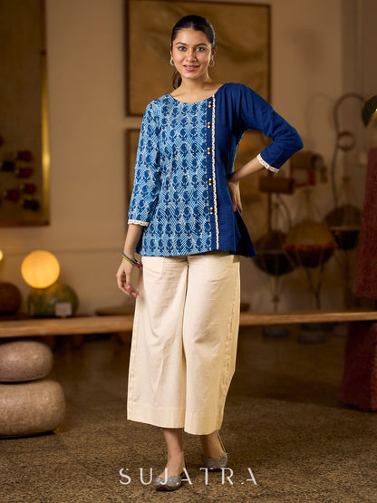 Indigo Paisley Printed Top Finished With Navy Blue Accents And A Refined Pearl Button Detail