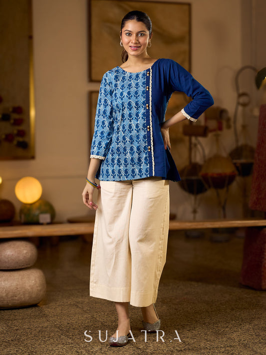 Indigo Paisley Printed Top Finished With Navy Blue Accents And A Refined Pearl Button Detail