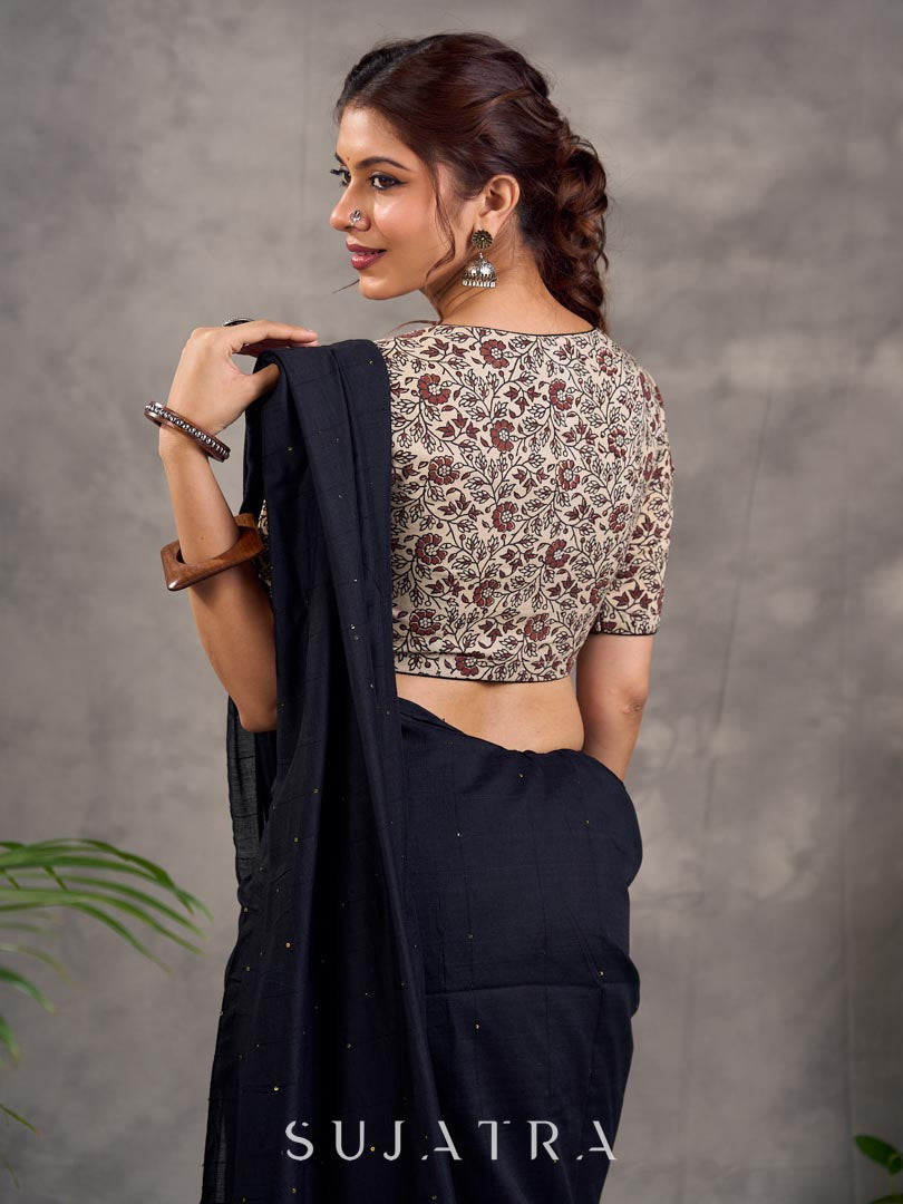 Cream Brown Floral Printed Sleeve Blouse with V Neck and Contrast Piping Border