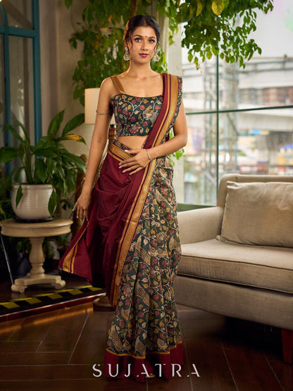 Timeless Dark Green Kalamkari Printed Chanderi Saree with Maroon Khun Pallu