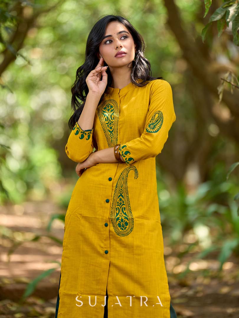 Warm Mustard Cotton Kurta with Timeless Paisley Print and Green Detailing