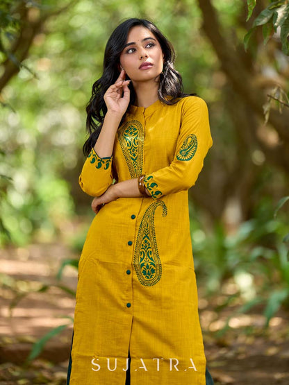 Warm Mustard Cotton Kurta with Timeless Paisley Print and Green Detailing