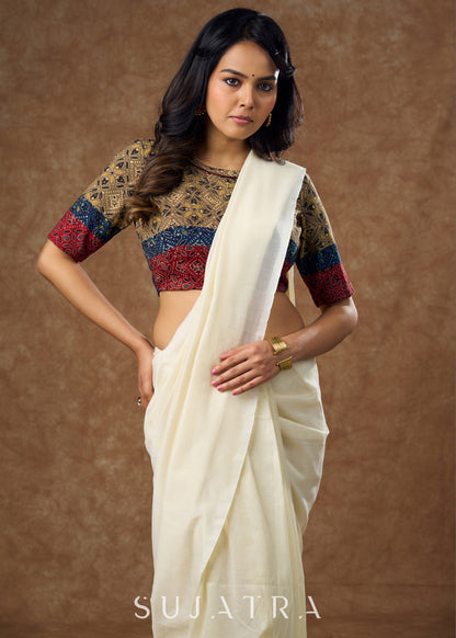 Tri-colour trendsetter - Vibrant Ajrakh mix blouse combines 3 bold hues for a chic & all purpose look