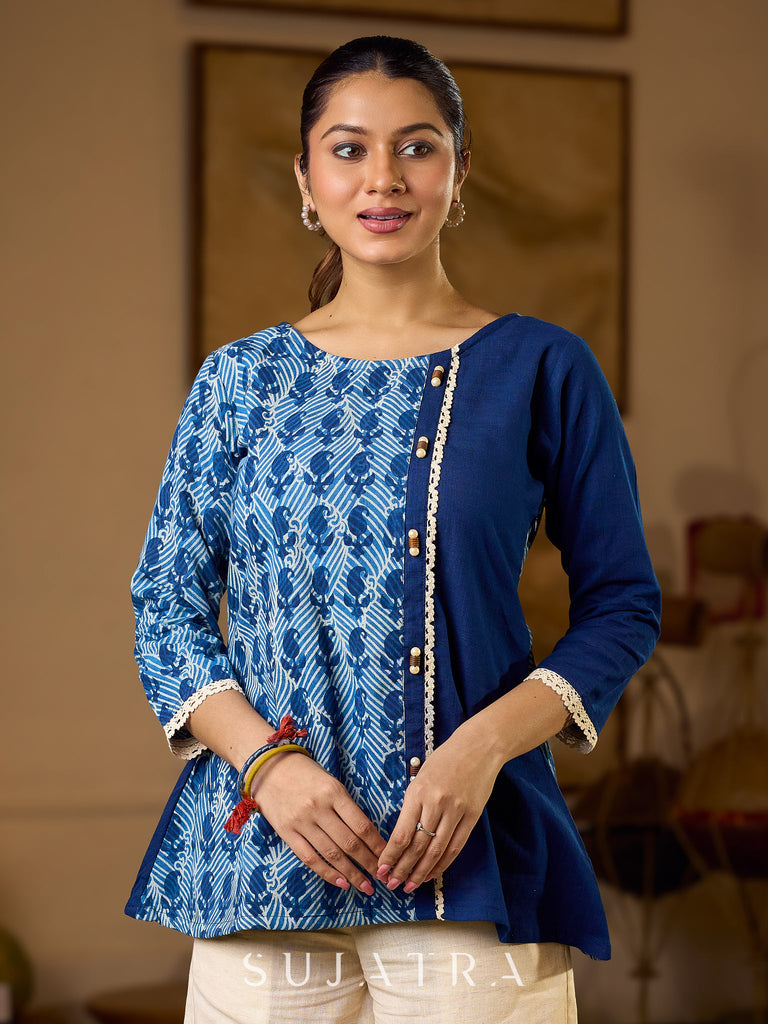 Indigo Paisley Printed Top Finished With Navy Blue Accents And A Refined Pearl Button Detail